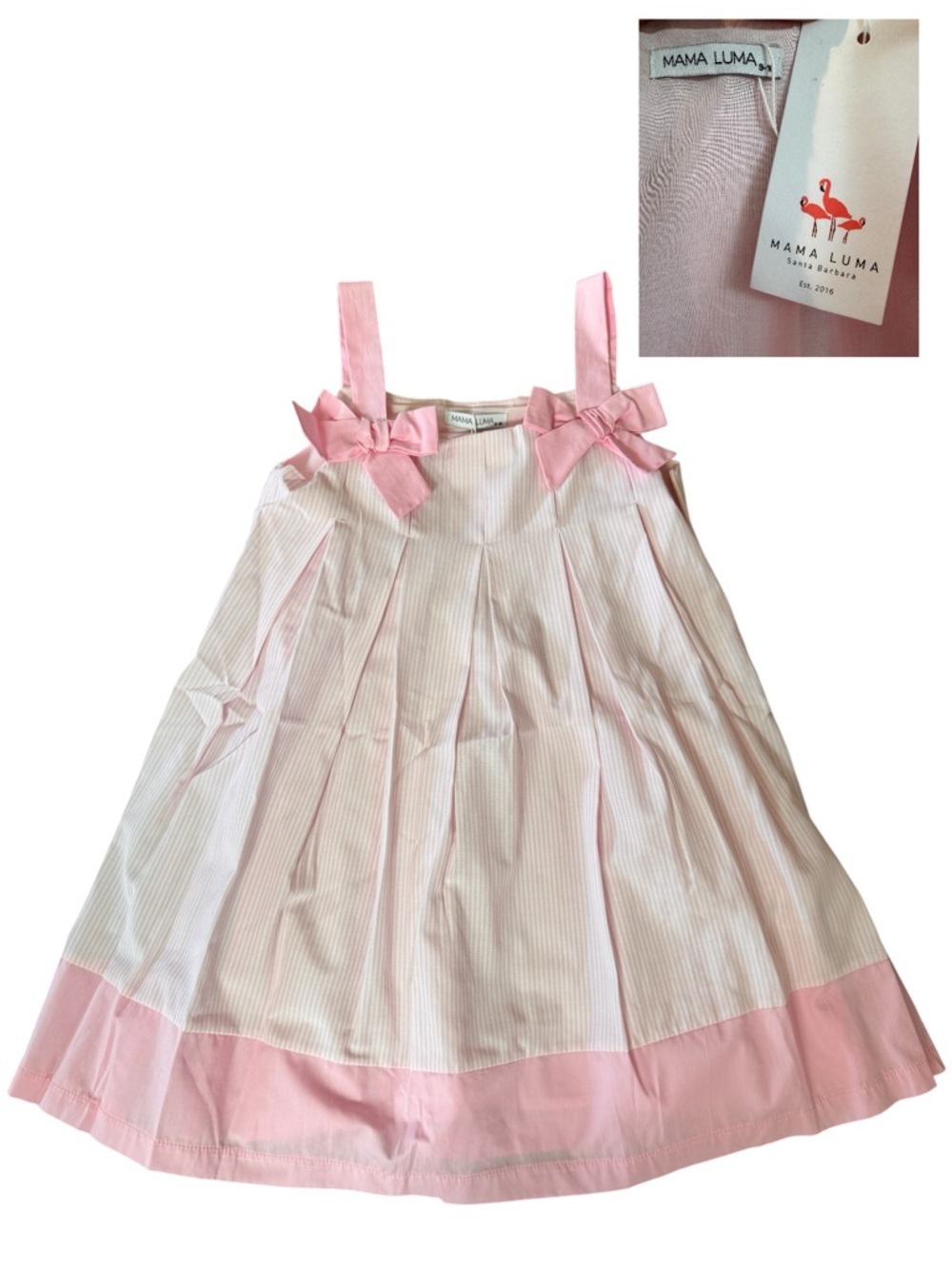Mama Luma Sundress Girls 10 Pink Pinstripe Bow Pleated Knee Length